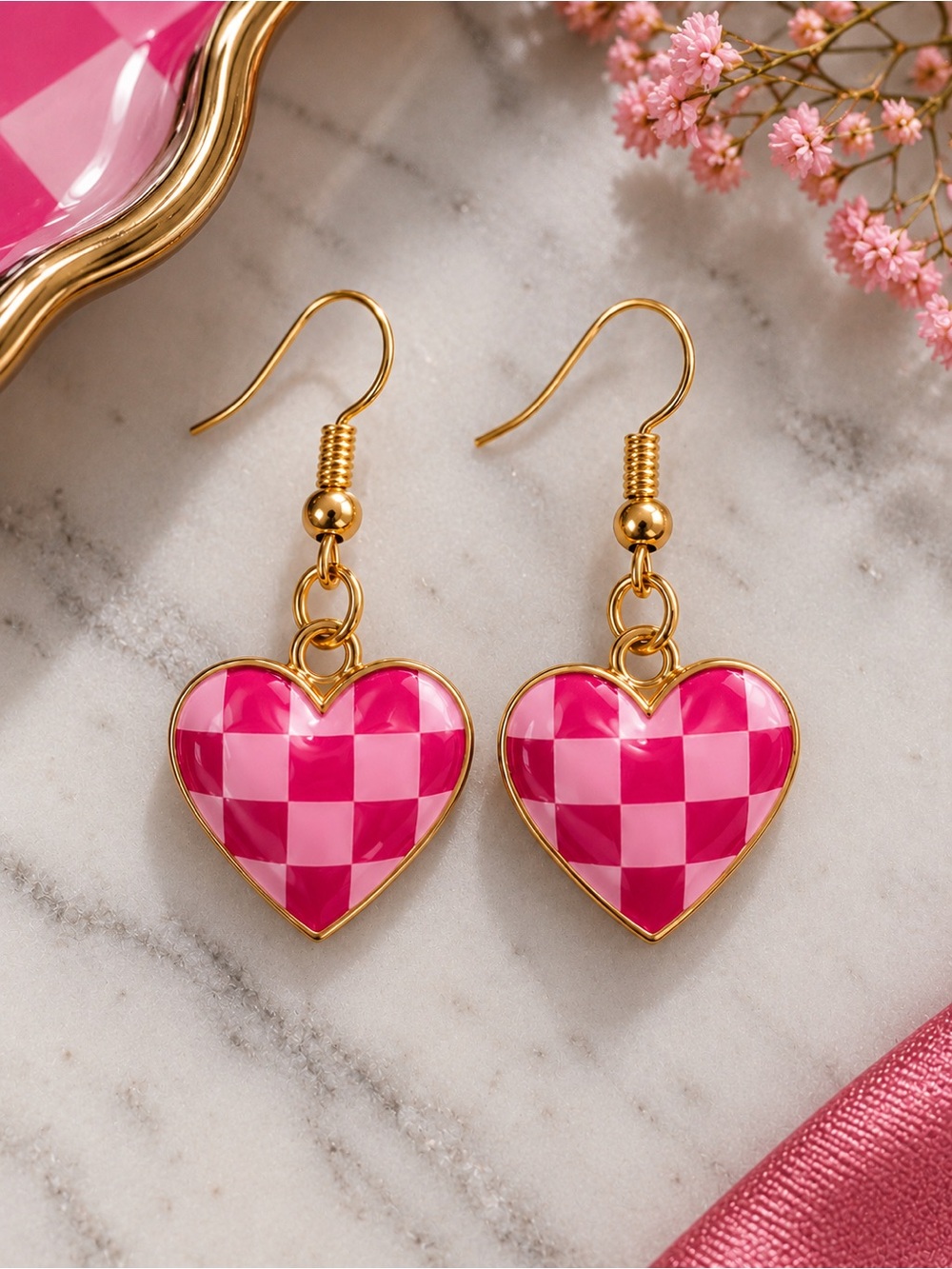 Pink Checkerboard Enameled Heart Earrings on Gold Hooks Handmade